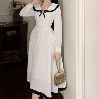 Puff-sleeve Contrast Trim Collared Midi A-line Dress