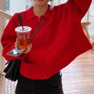 Cropped Polo Collar Knit Top Red - One Size