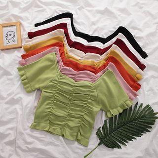 Short-sleeve Square-neck Shirred Knit Crop Top
