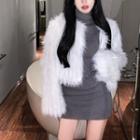 Long-sleeve Turtleneck Mini Sheath Dress / Fluffy Jacket