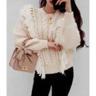 Tassel-trim Cable-knit Sweater Beige - One Size