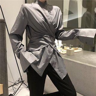 Plain Long-sleeve Blouse Dark Gray - One Size