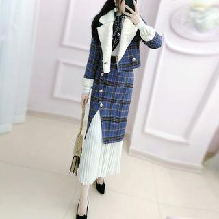 Set: Plaid Double-breasted Cropped Jacket + Midi Accordion Pleat Skirt