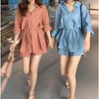Set: Elbow-sleeve Plain Tie-waist Top + Plain Shorts