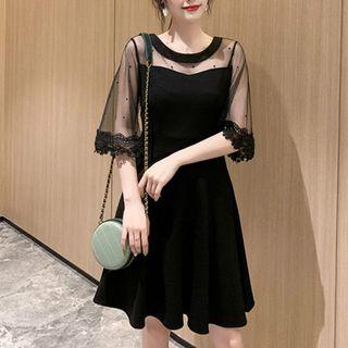 Elbow-sleeve Lace Trim Mesh Paneled A-line Dress