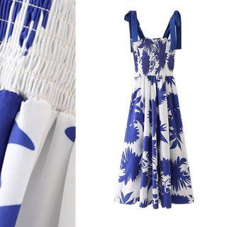 Wide Strap Print Midi A-line Dress