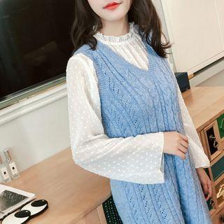 Long-sleeve Frill Trim Polka Dot Chiffon Top White - One Size