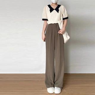 Short-sleeve Bow Blouse / Wide Leg Pants / Set