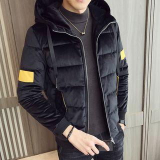 Color Block Zip Hooded Velvet Padded Jacket