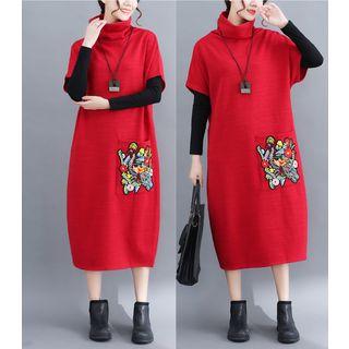 Turtleneck Short-sleeve Embroidered Midi Shift Dress