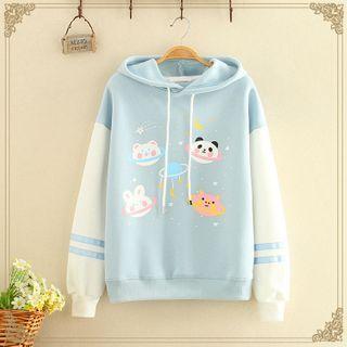 Fleece-lined Animal Printed Color-block Hoodie