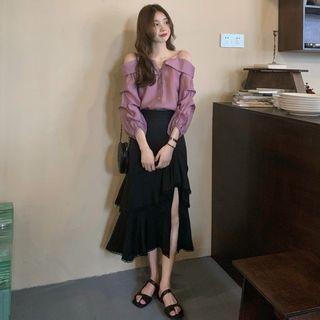 Long-sleeve Off-shoulder Blouse / Slit Midi A-line Skirt