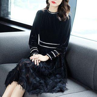 Fringed Long-sleeve A-line Velvet Dress