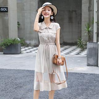 Mesh Panel Drawstring Short-sleeve A-line Dress
