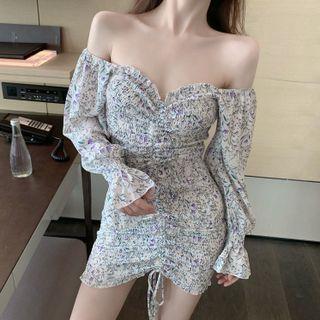 Long-sleeve Flower Print Mini Sheath Dress Floral - White - One Size