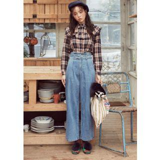 Hidden-button Frill-trim Plaid Blouse