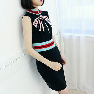 Petite Size - Contrast-trim Ribbon-embroidered Knit Dress