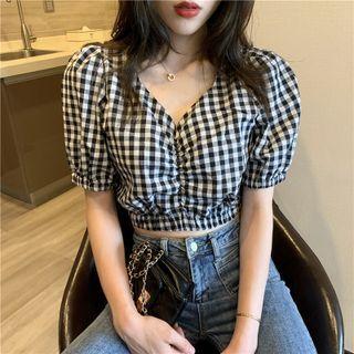 Puff-sleeve Gingham Crop Blouse