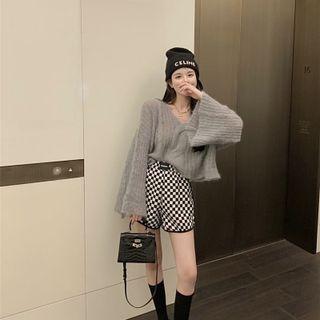 V-neck Plain Ribbed Sweater / High-waist Plaid Wide Leg Shorts