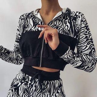 Zebra Print Paneled Zip Hoodie