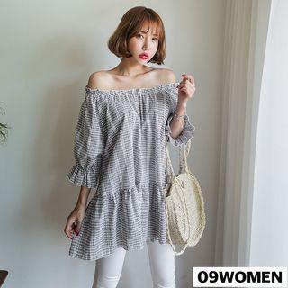 Off-shoulder Check Blouse For Curvy Women