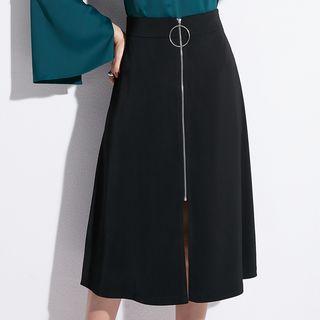 Zip Front A-line Midi Skirt