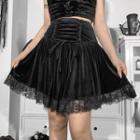 Lace-up Velvet Lace Trim Mini A-line Skirt