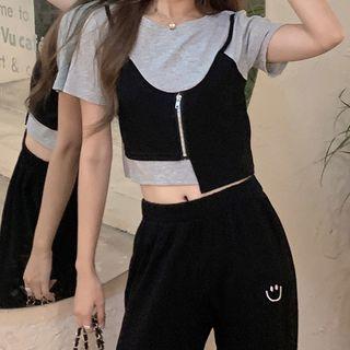 Mock Two Piece Asymmetric Cropped T-shirt