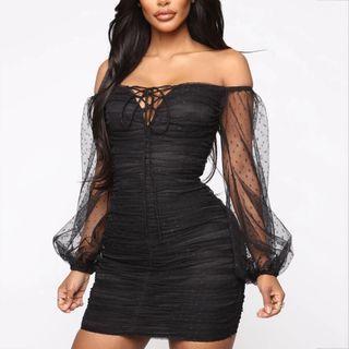Dotted Lace Up Off-shoulder Mini Sheath Dress