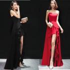 Spaghetti Strap Ruffled Slit A-line Evening Gown