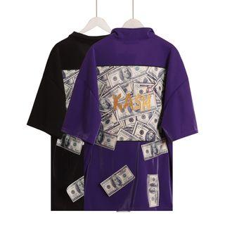 Applique Half Zip Elbow-sleeve Polo Shirt