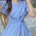 Short-sleeve Drawstring A-line Dress Stripes - Blue - One Size