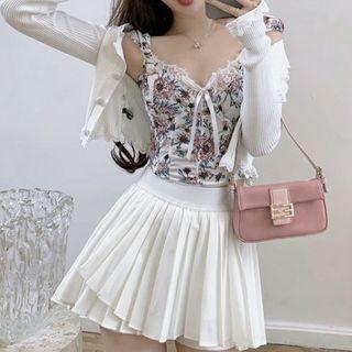 Cropped Cardigan / Flower Print Camisole / Mini Pleated Skirt