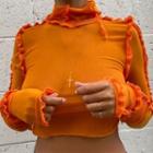 Long-sleeve Contrast Trim Mock-neck Sheer Cropped Top