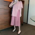 Elbow-sleeve Slit T-shirt / Plaid Midi Skirt