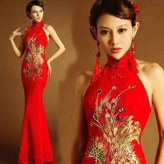 Halter Embroidered Cheongsam Evening Dress