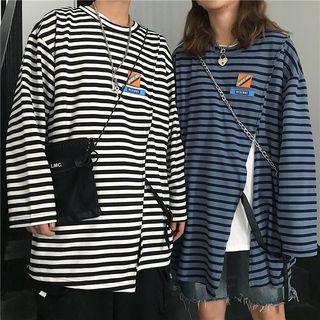Slit-side Belted Striped Long-sleeve Top