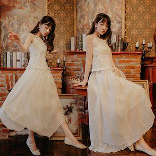 Set: Spaghetti Strap Buttoned Lace Top + A-line Midi Skirt