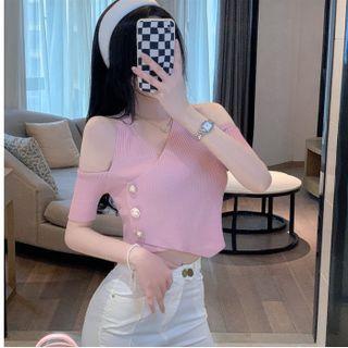 Short-sleeve Halter Neck Ribbed Knit Top