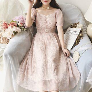 Chiffon Panel Short-sleeve Floral Midi A-line Dress