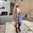 Leopard Faux-fur Long Coat Brown - One Size
