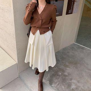 Double-breasted Cardigan / Irregular Midi A-line Skirt