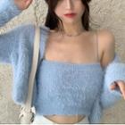 Set: Fluffy Cropped Jacket + Spaghetti Strap Top Spaghetti Strap Top - Blue - One Size / Jacket - Blue - One Size