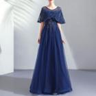 Lace Cape-sleeve A-line Evening Gown