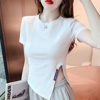 Short-sleeve Slit Asymmetrical T-shirt