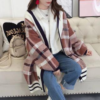 V-neck Plaid Long Cardigan