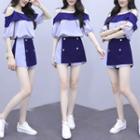 Set: Color Panel Cold-shoulder Short-sleeve Top + Mini A-line Skirt