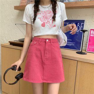 High Waist Plain Denim A-line Skirt