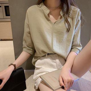 Elbow-sleeve Plain Chiffon Blouse
