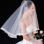 Pom Pom Trim Wedding Veil With Comb - As Shown In Figure - 60 To 80cm